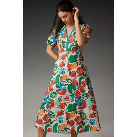 NEW Farm Rio x Anthropologie Short-Sleeve V-Neck Cutout Midi Dress Sz XS Fruit r - Picture 3 of 6